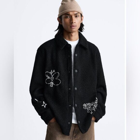 Zara Black Embroidered Faux Shearling Streetwear Utility Overshirt Size L/XL - Picture 3 of 16